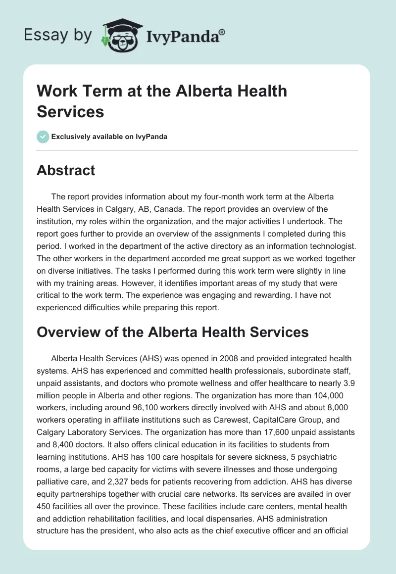 Work Term at the Alberta Health Services. Page 1