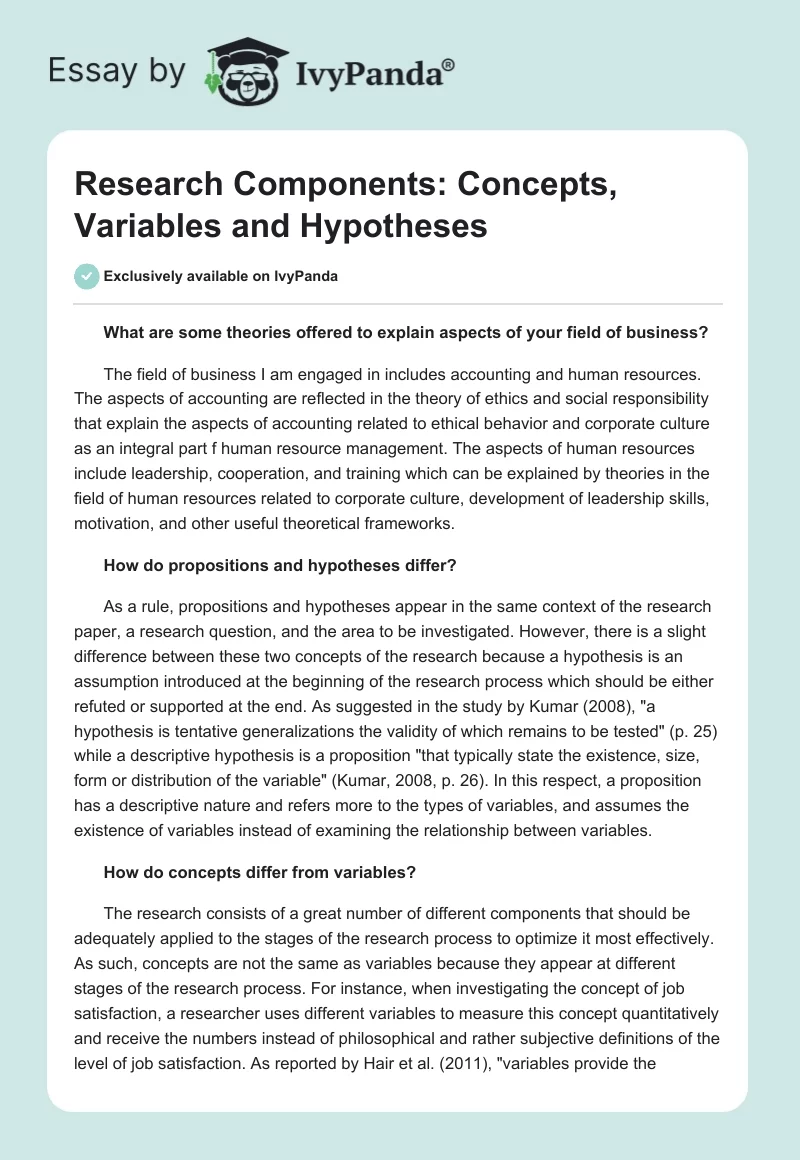 Research Components: Concepts, Variables and Hypotheses. Page 1