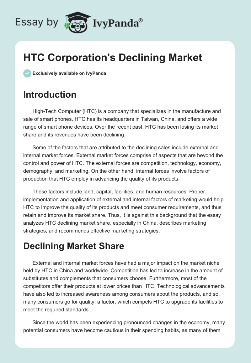 HTC Corporation's Declining Market. Page 1