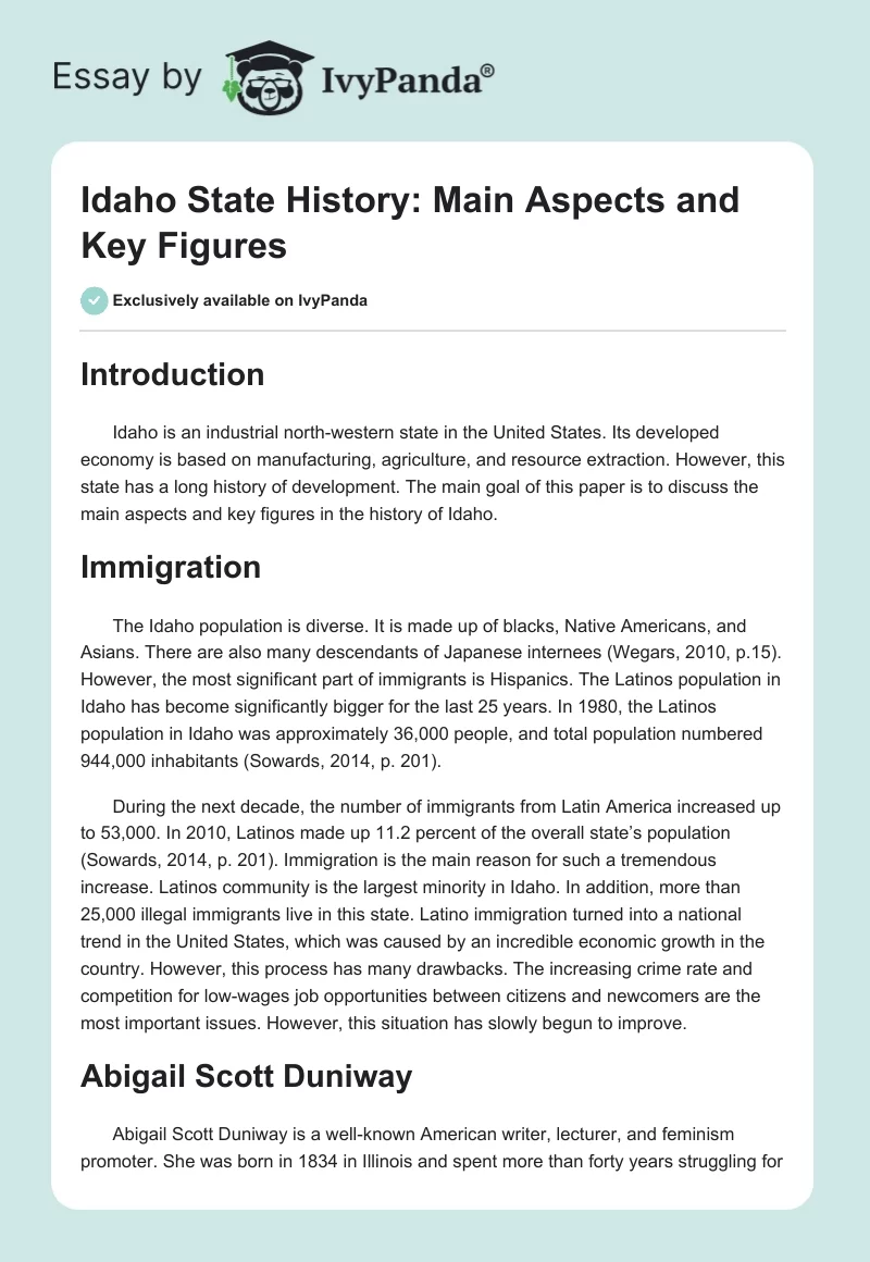 Idaho State History: Main Aspects and Key Figures. Page 1
