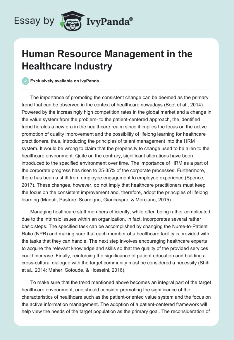 Human Resource Management in the Healthcare Industry. Page 1