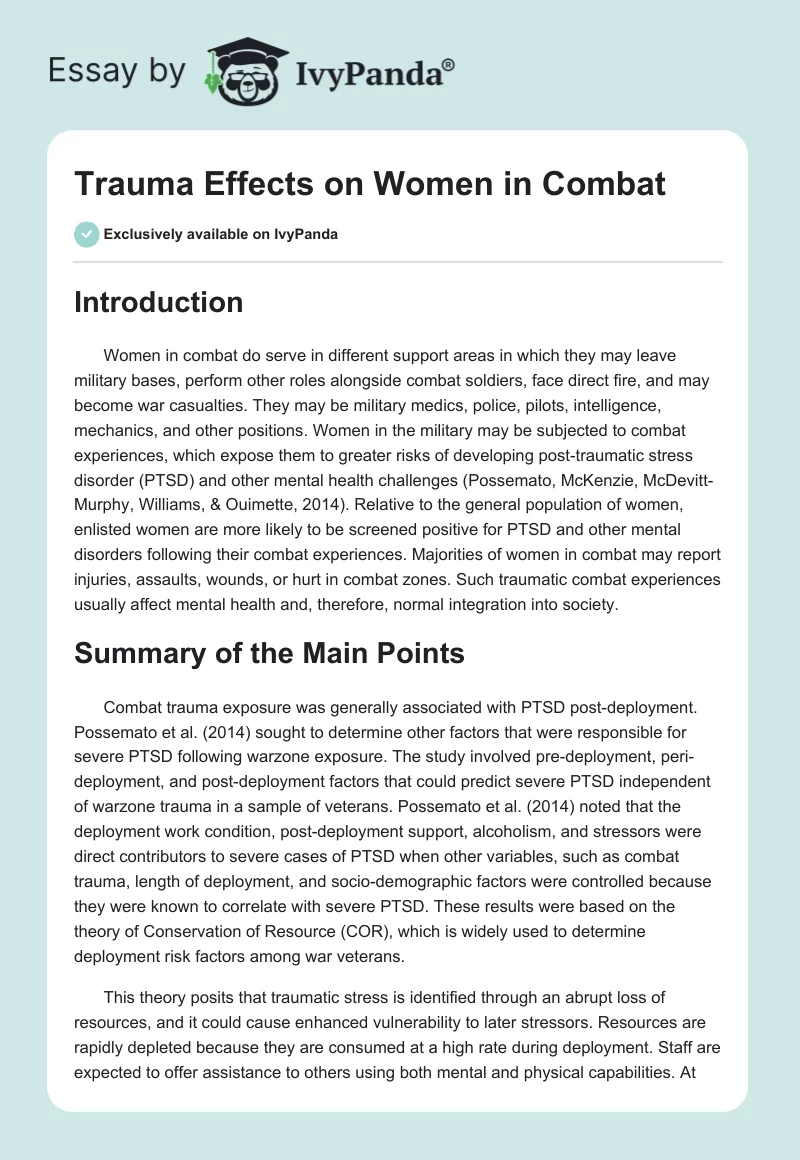 Trauma Effects on Women in Combat. Page 1