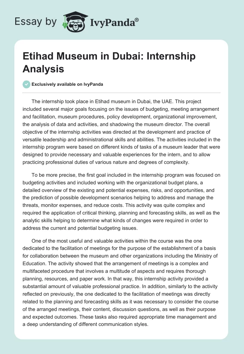 Etihad Museum in Dubai: Internship Analysis. Page 1