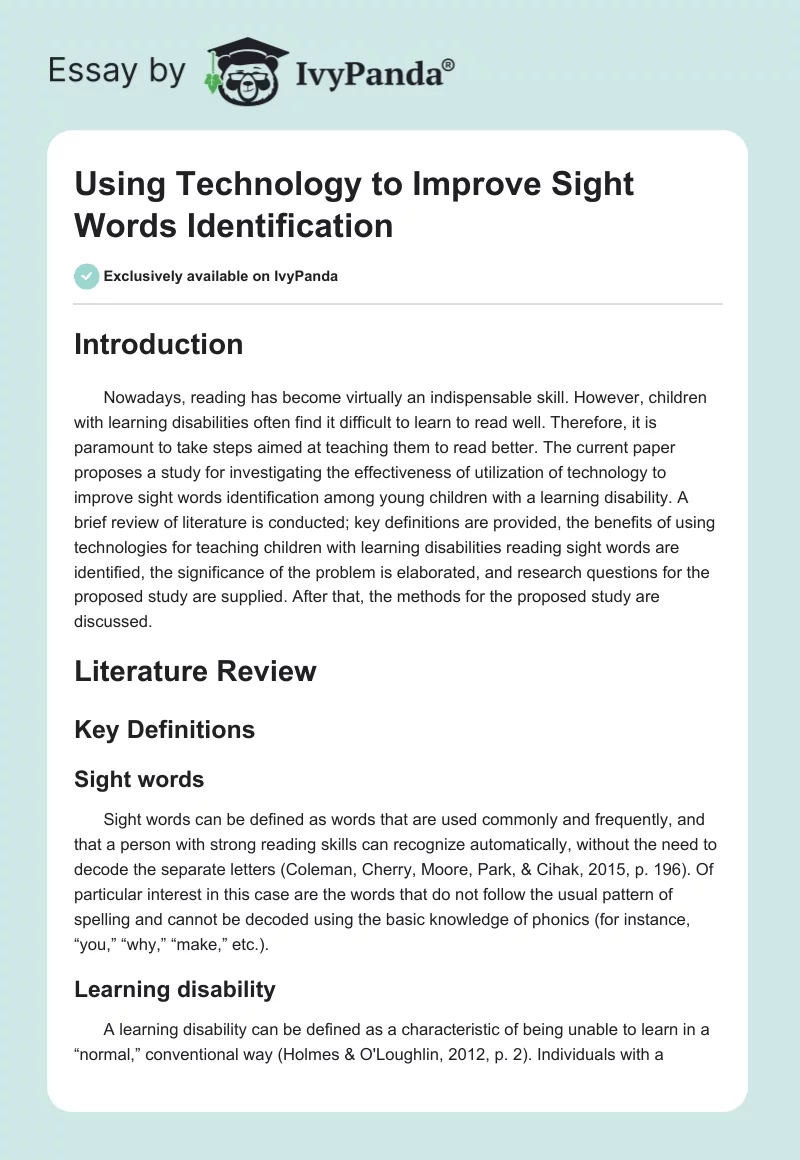 Using Technology to Improve Sight Words Identification. Page 1