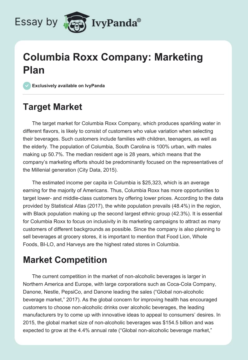 Columbia Roxx Company: Marketing Plan. Page 1