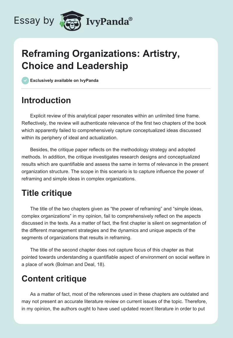 Reframing Organizations: Artistry, Choice and Leadership. Page 1