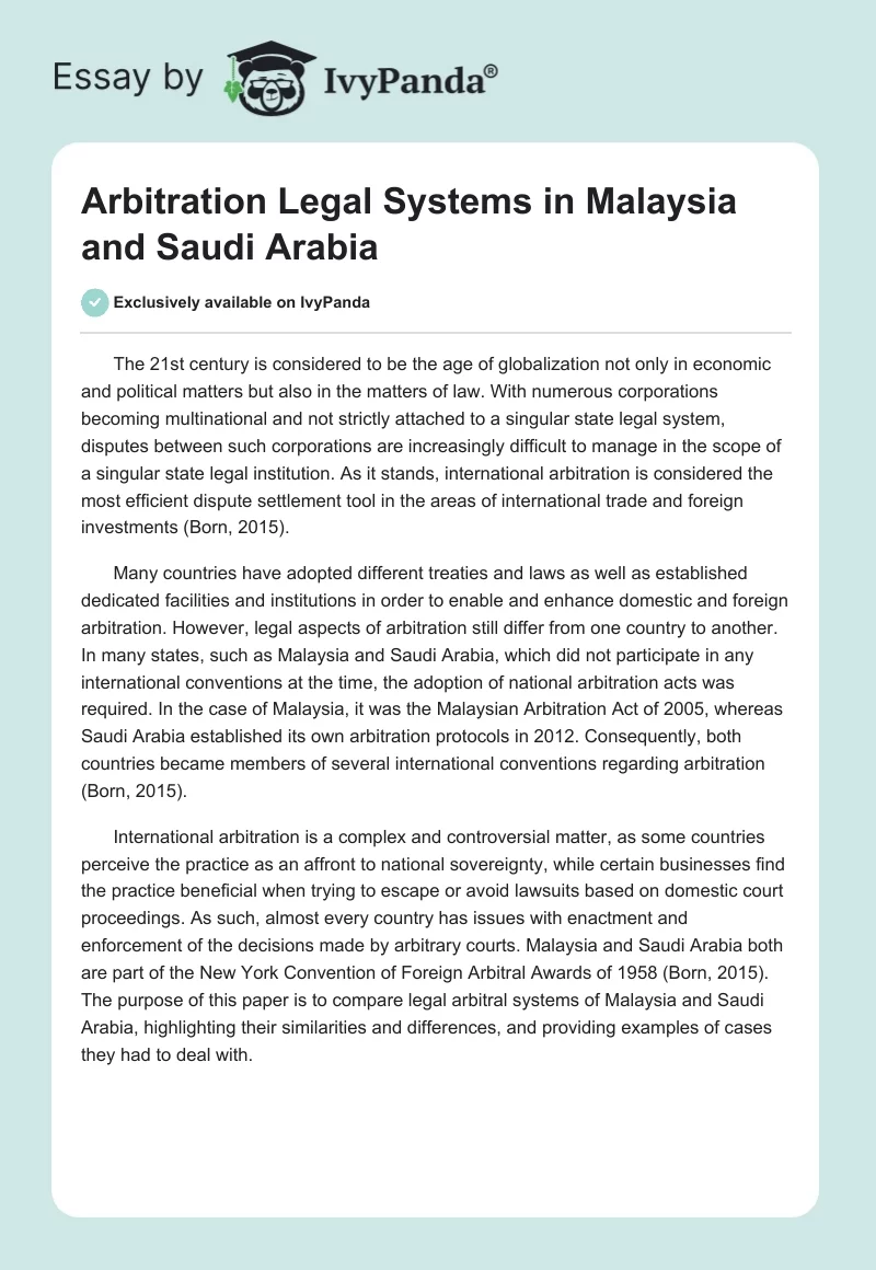 Arbitration Legal Systems in Malaysia and Saudi Arabia. Page 1
