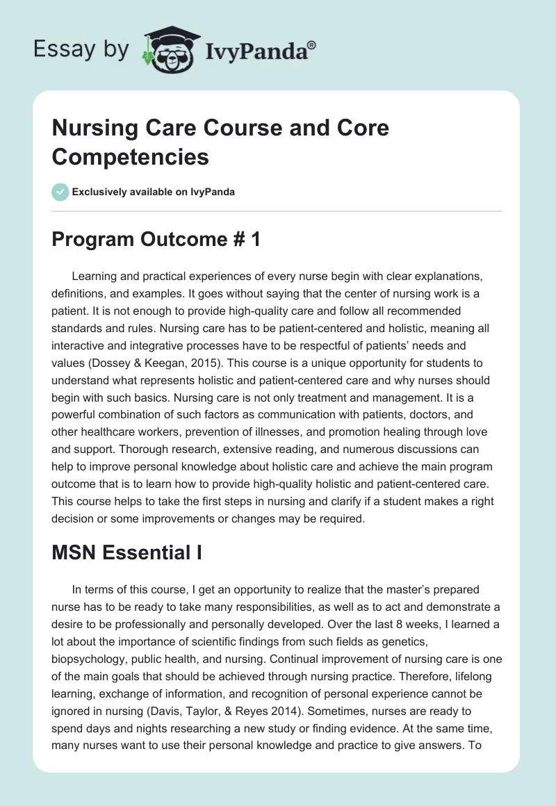 Nursing Care Course and Core Competencies. Page 1