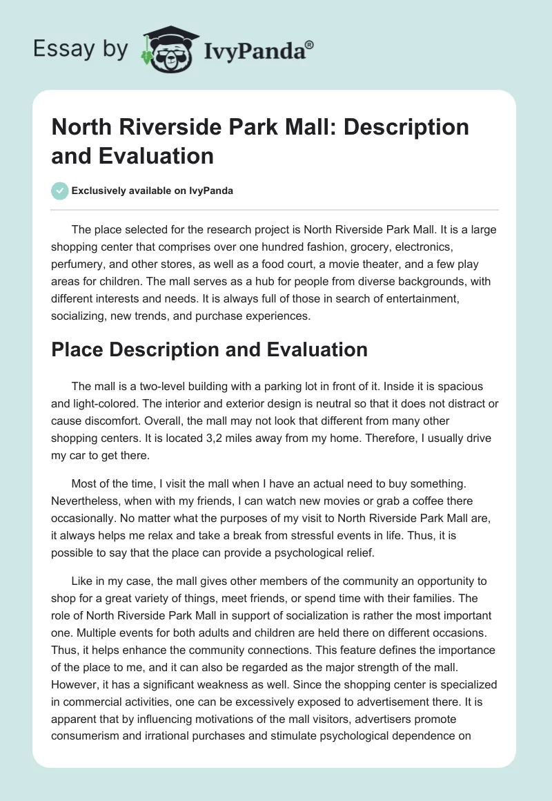 North Riverside Park Mall: Description and Evaluation. Page 1