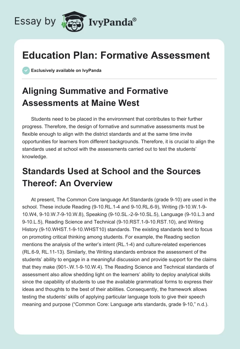 Education Plan: Formative Assessment. Page 1