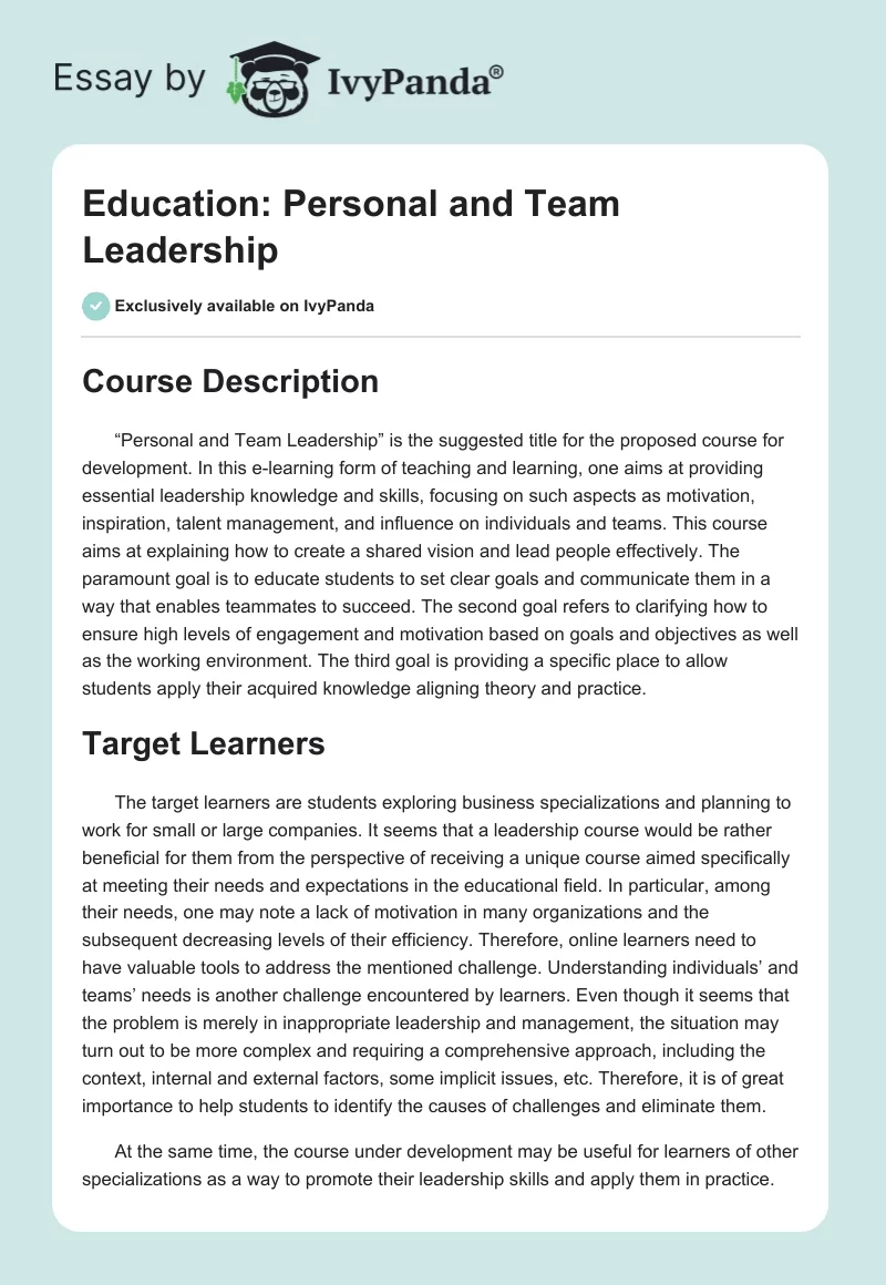 Education: Personal and Team Leadership. Page 1