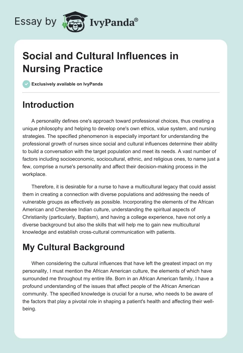 Social and Cultural Influences in Nursing Practice. Page 1