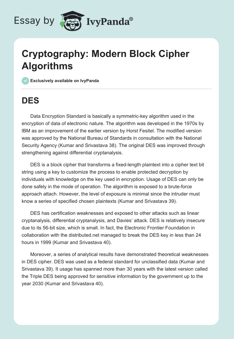 Cryptography: Modern Block Cipher Algorithms. Page 1