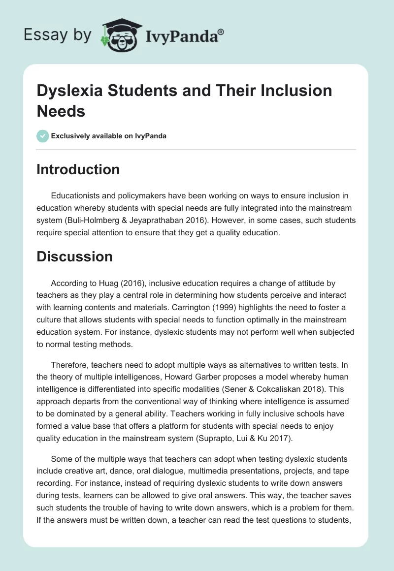 Dyslexia Students and Their Inclusion Needs. Page 1