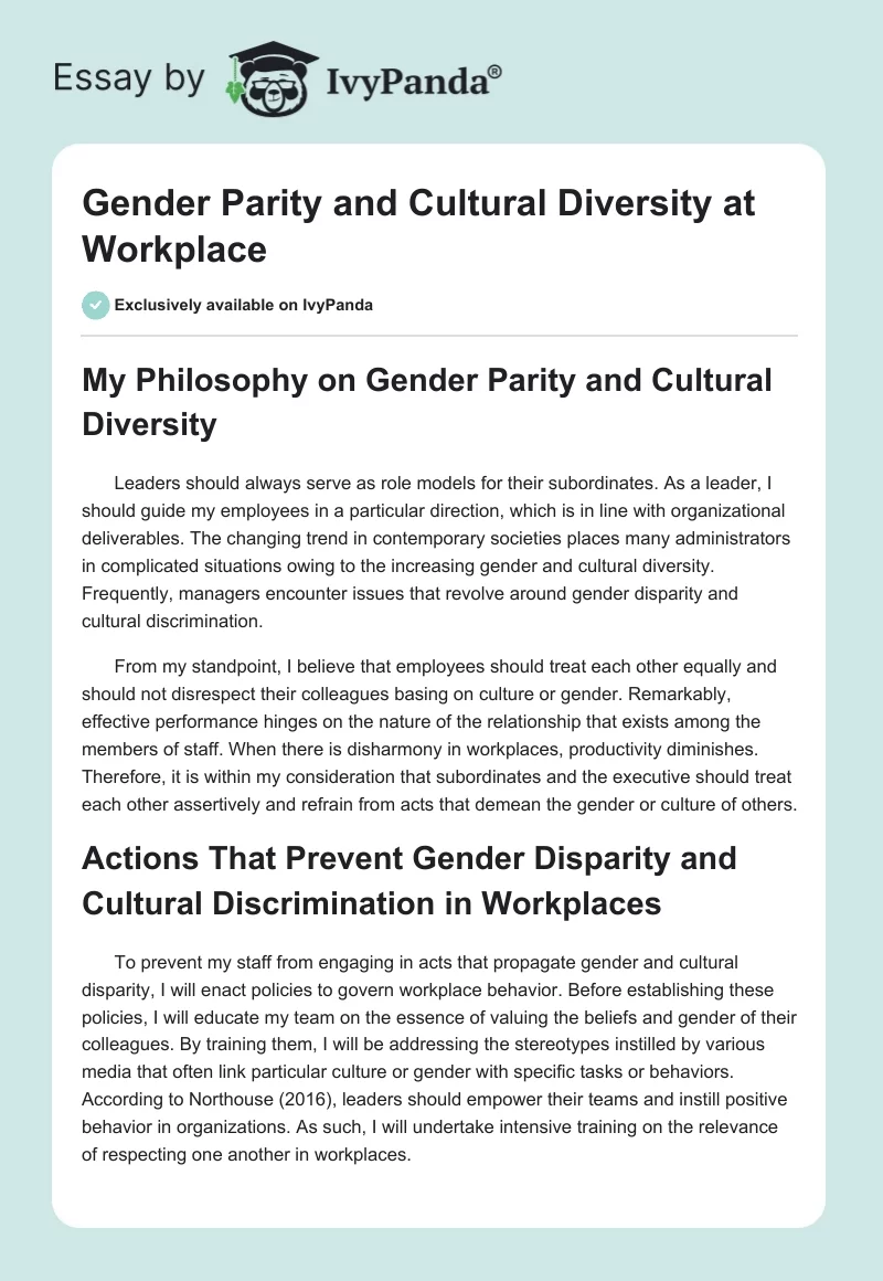 Gender Parity and Cultural Diversity at Workplace. Page 1