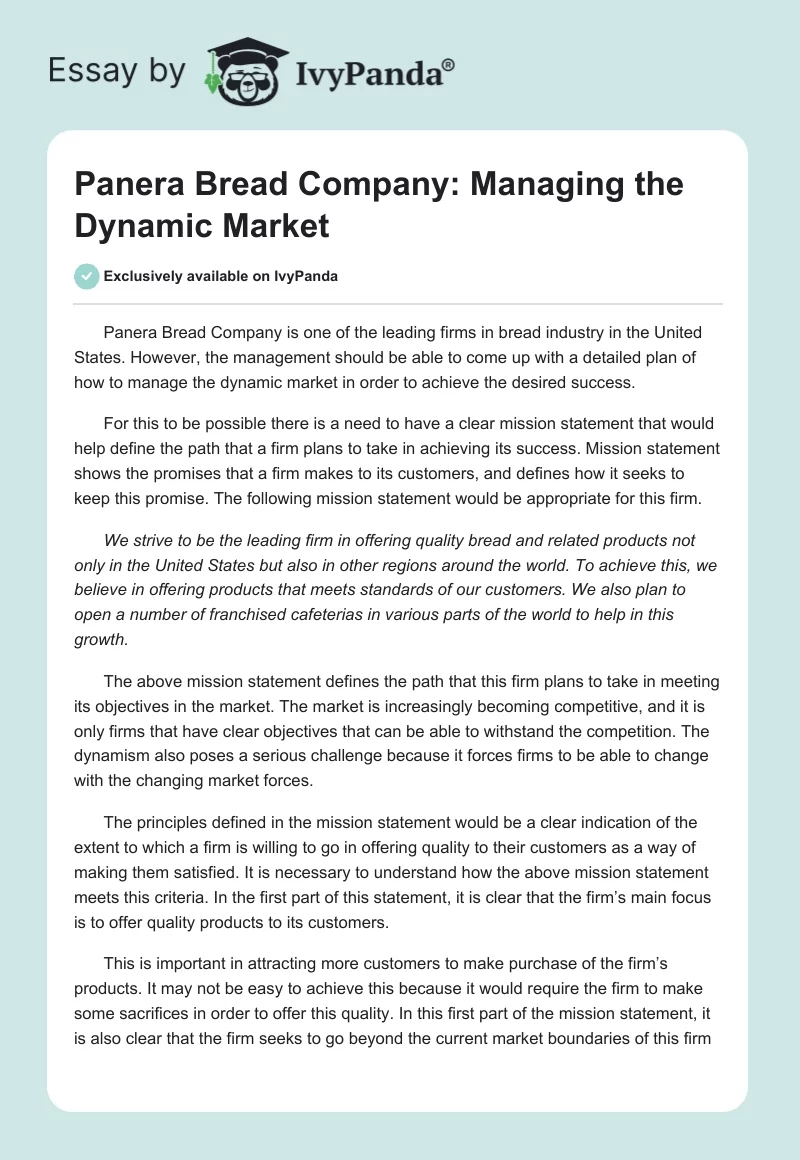 Panera Bread Company: Managing the Dynamic Market. Page 1