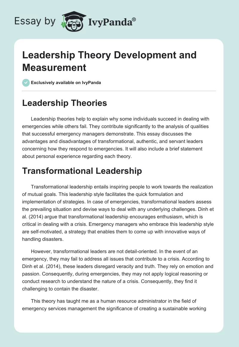Leadership Theory Development and Measurement. Page 1