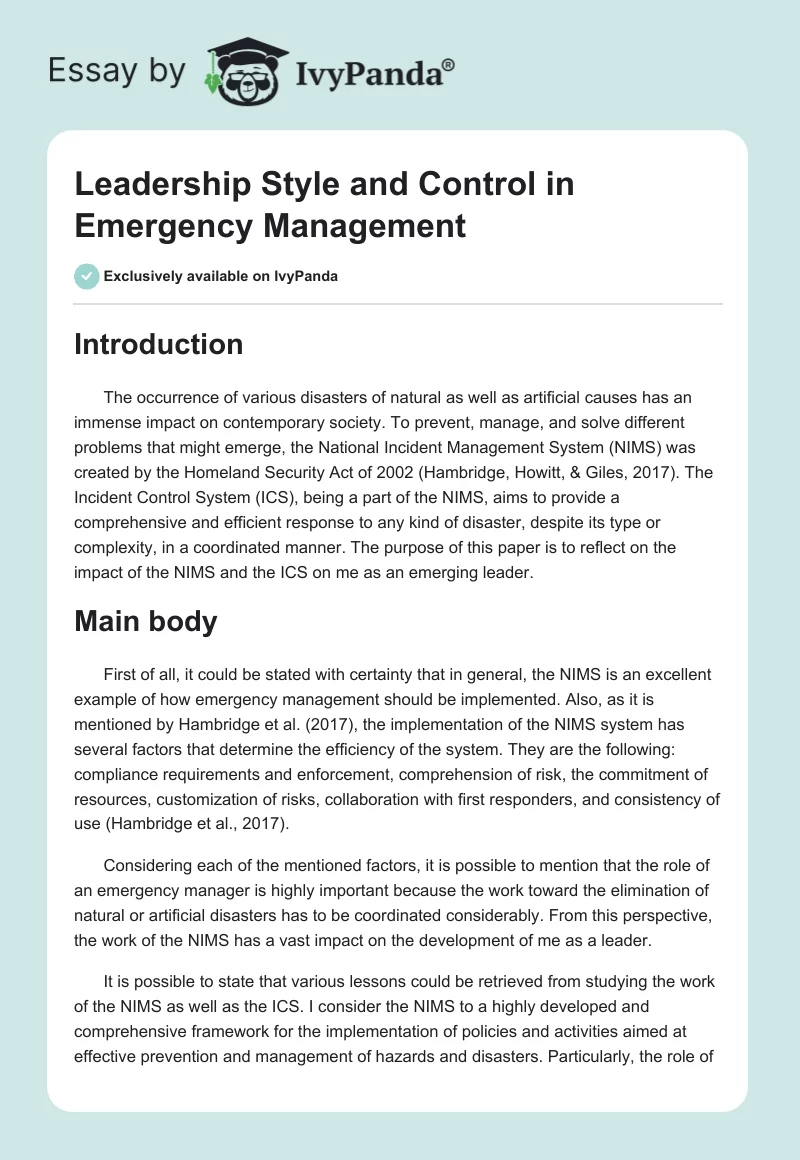Leadership Style and Control in Emergency Management. Page 1
