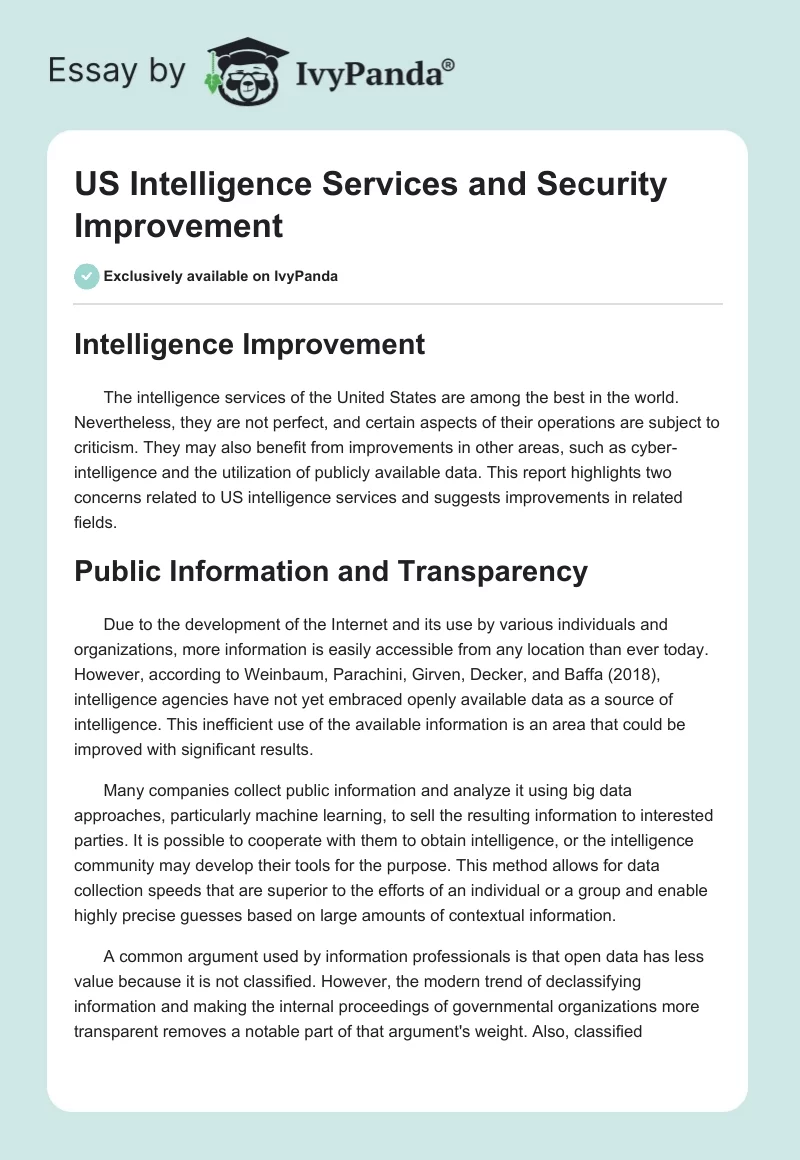 US Intelligence Services and Security Improvement. Page 1