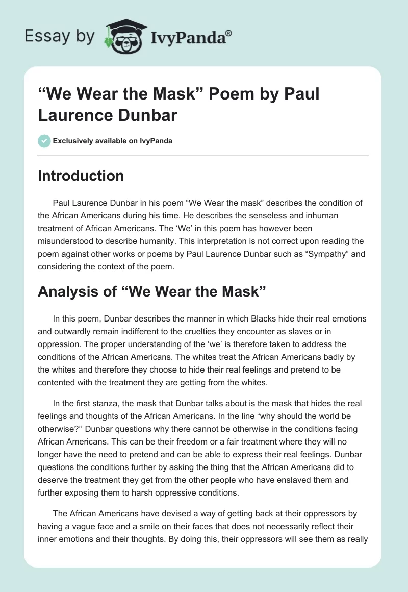 “We Wear the Mask” Poem by Paul Laurence Dunbar. Page 1