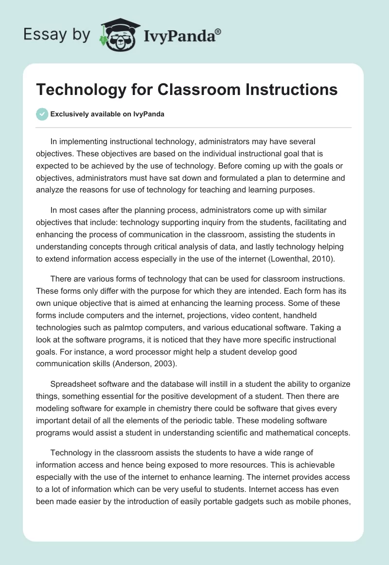 Technology for Classroom Instructions. Page 1