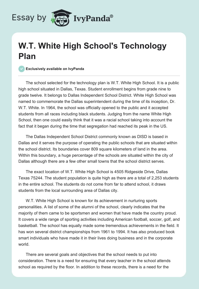 W.T. White High School's Technology Plan. Page 1