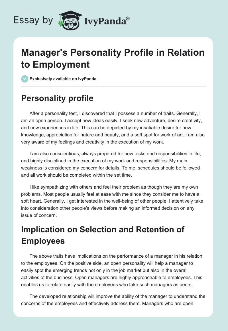 Manager's Personality Profile in Relation to Employment. Page 1