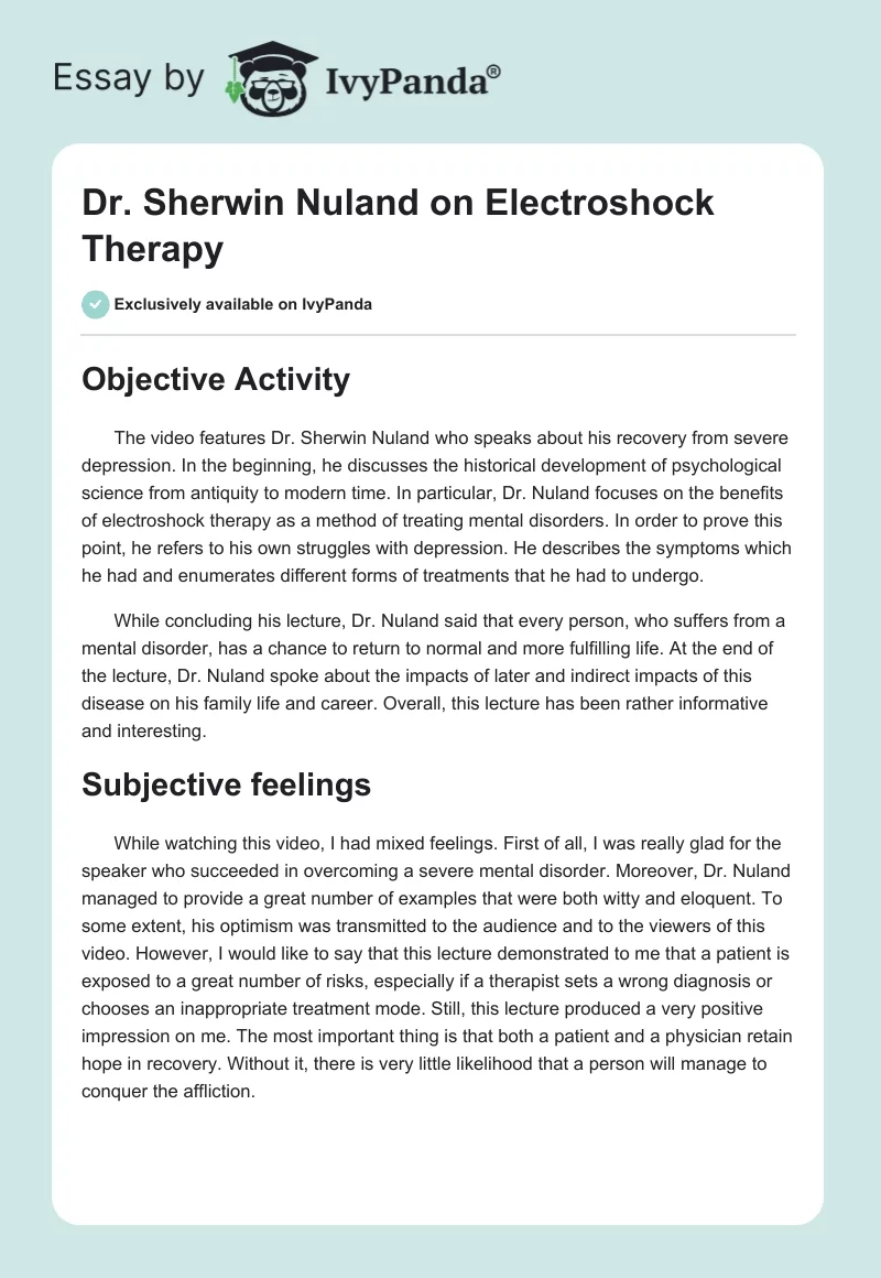 Dr. Sherwin Nuland on Electroshock Therapy. Page 1