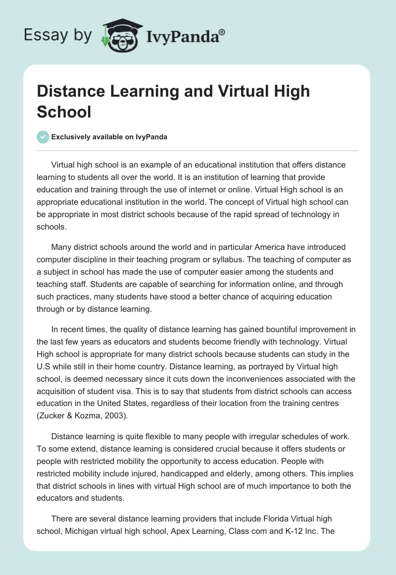 Distance Learning and Virtual High School. Page 1