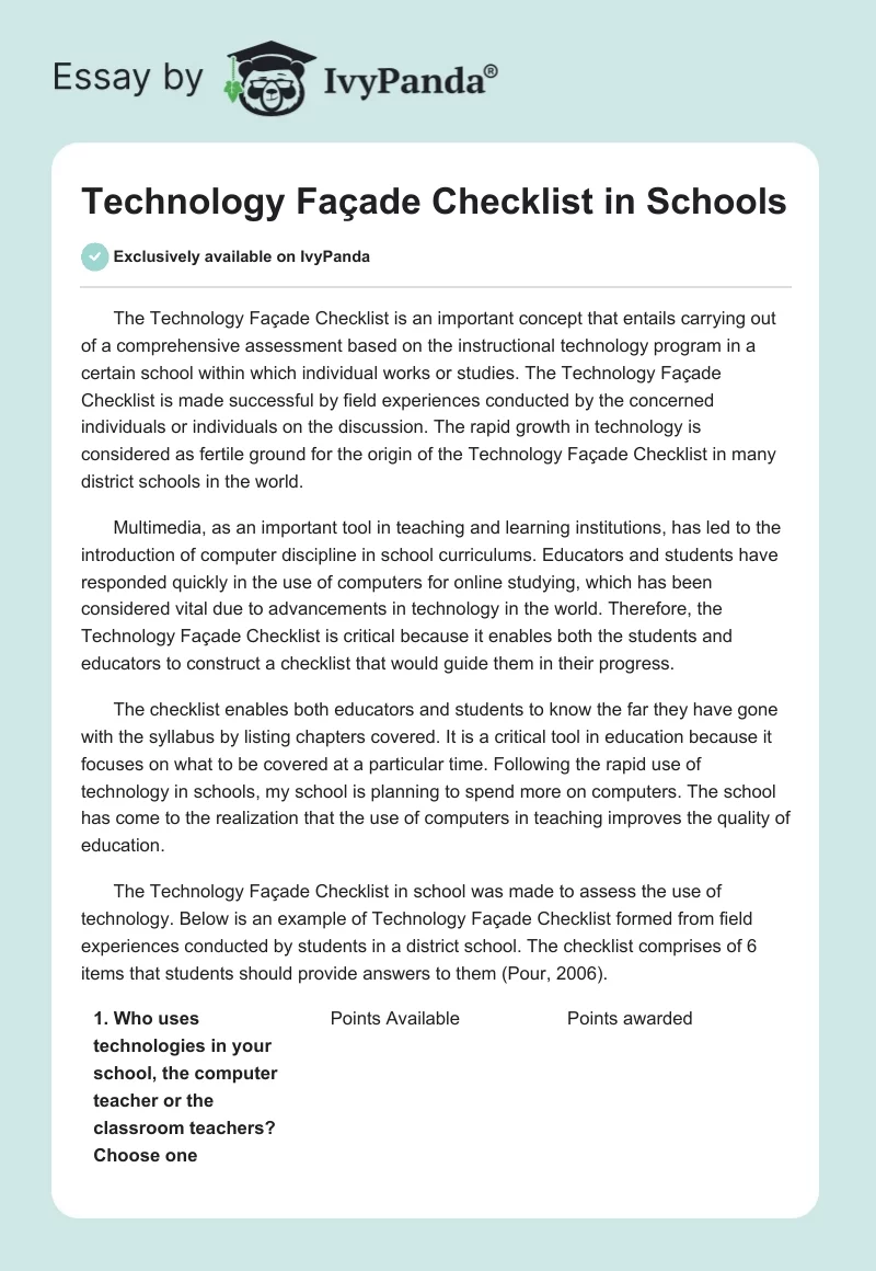 Technology Façade Checklist in Schools. Page 1