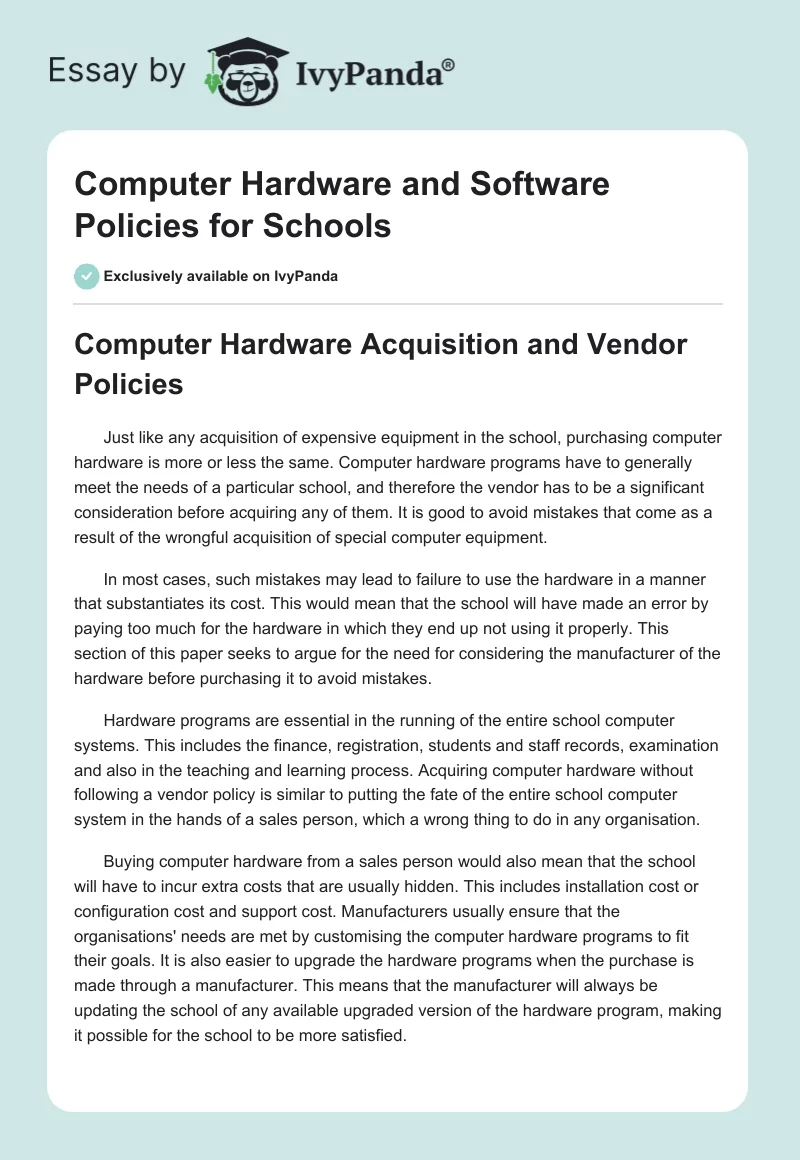 Computer Hardware and Software Policies for Schools. Page 1