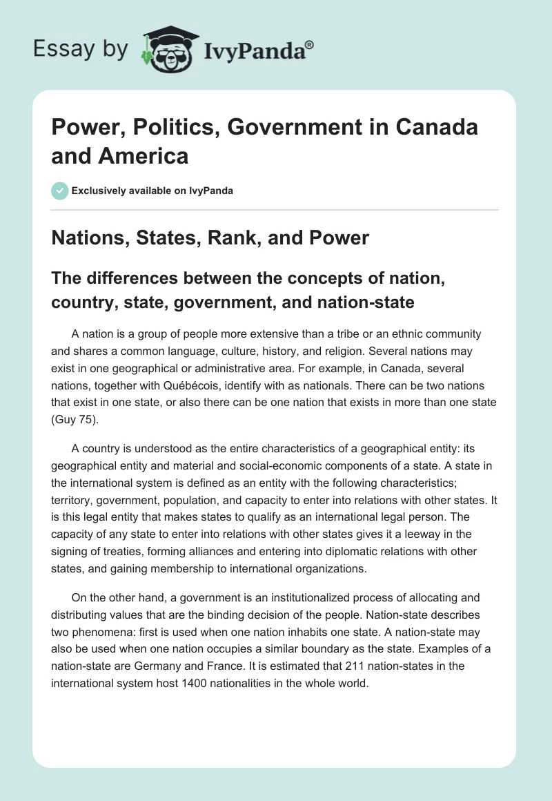 Power, Politics, Government in Canada and America. Page 1