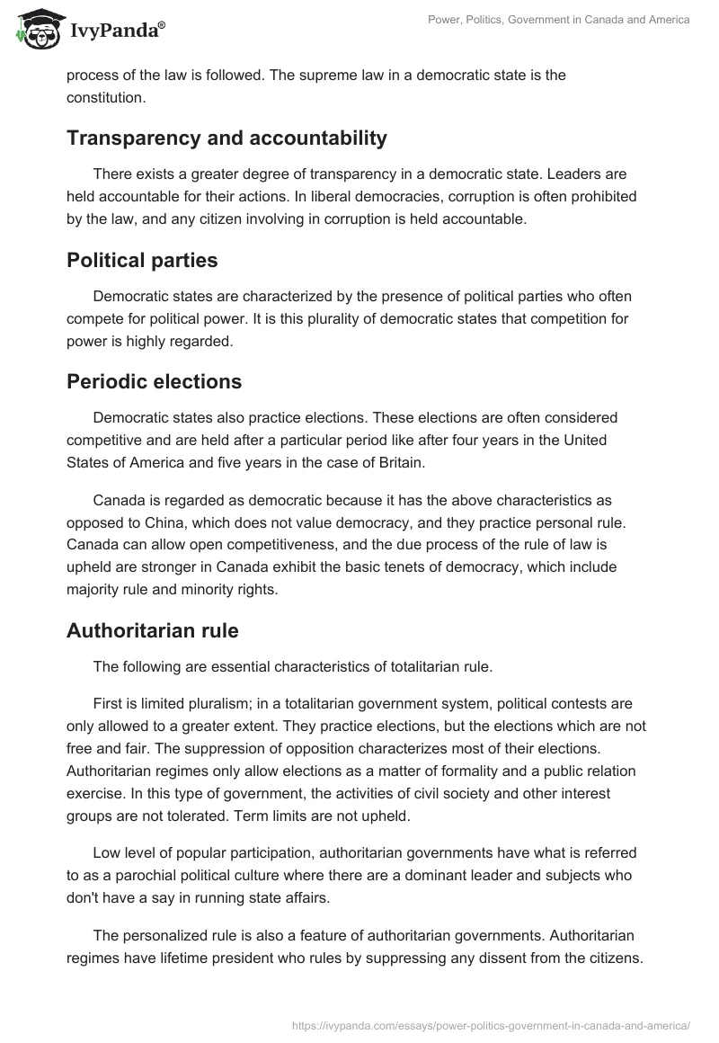 Power, Politics, Government in Canada and America. Page 5