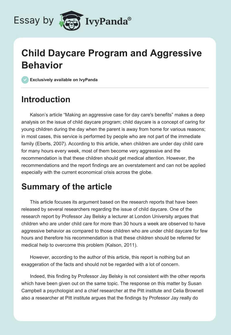 Child Daycare Program and Aggressive Behavior. Page 1