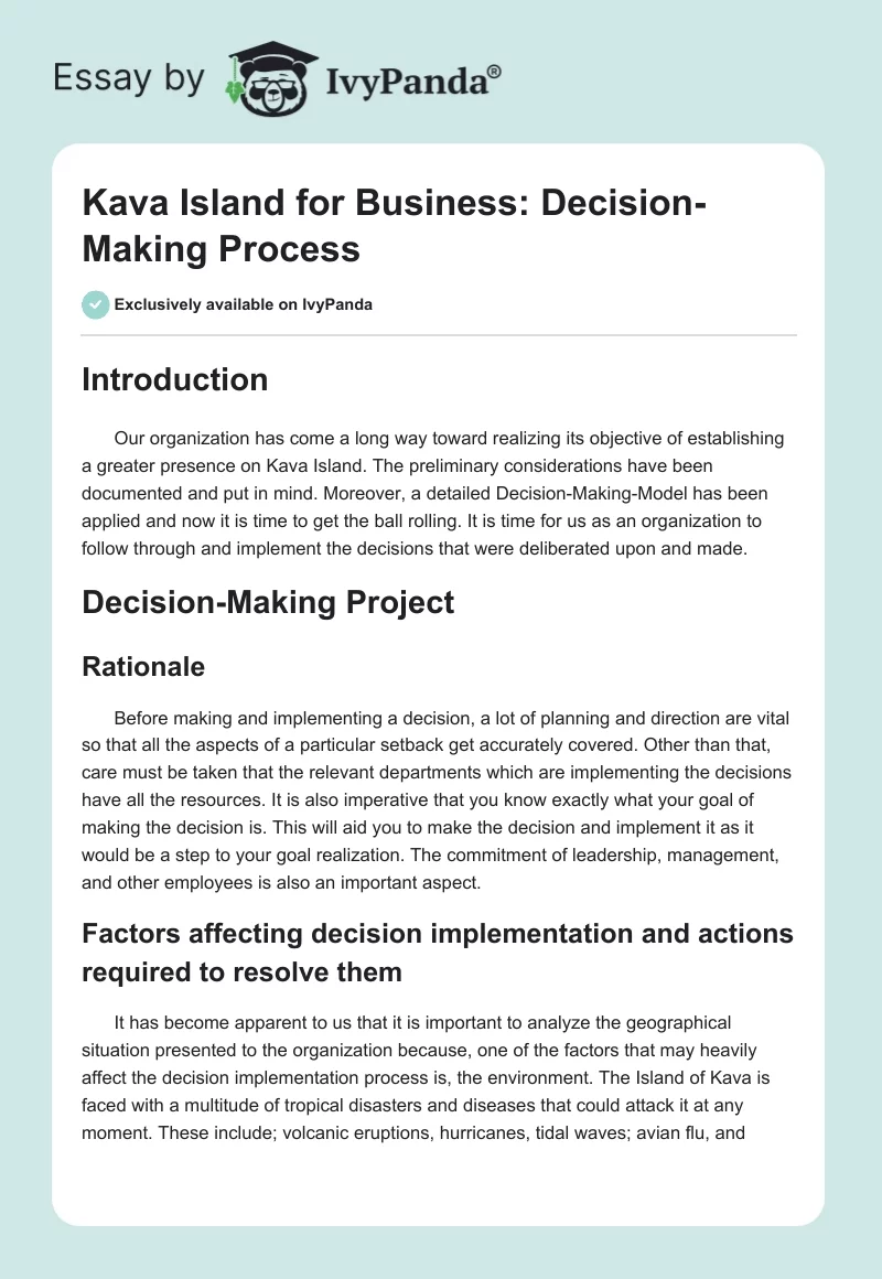 Kava Island for Business: Decision-Making Process. Page 1