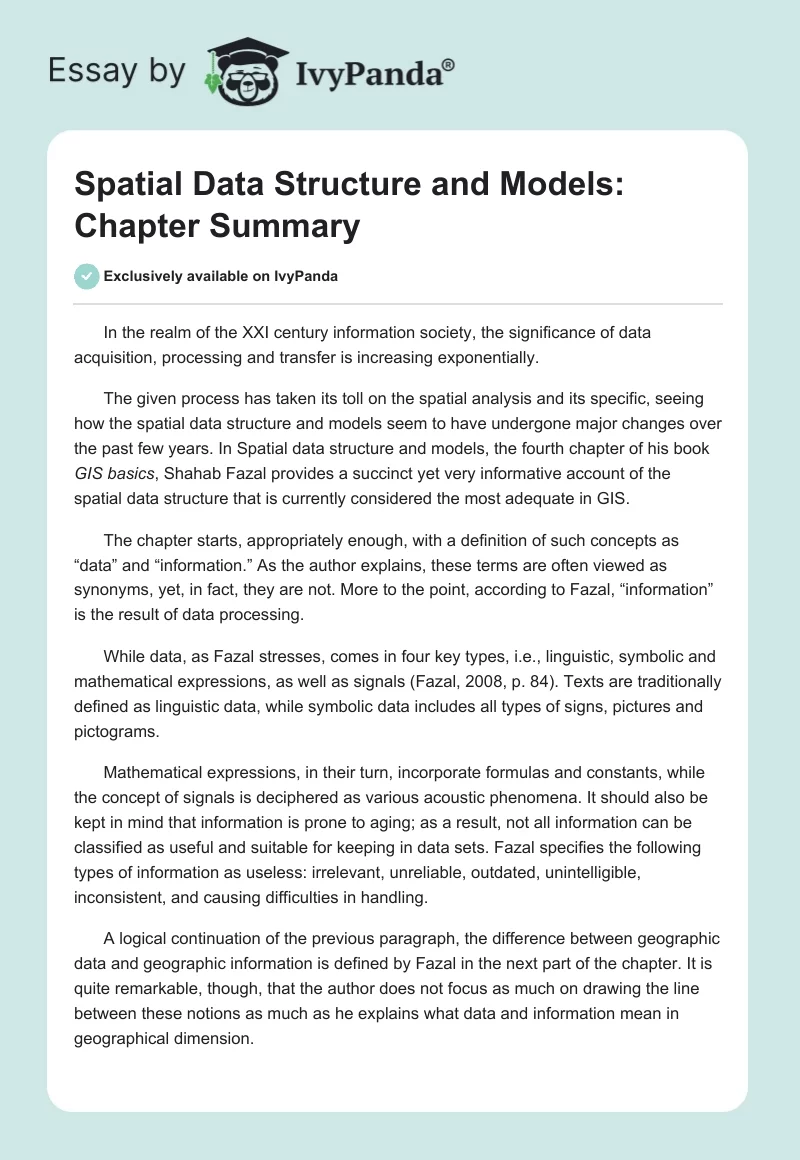Spatial Data Structure and Models: Chapter Summary. Page 1