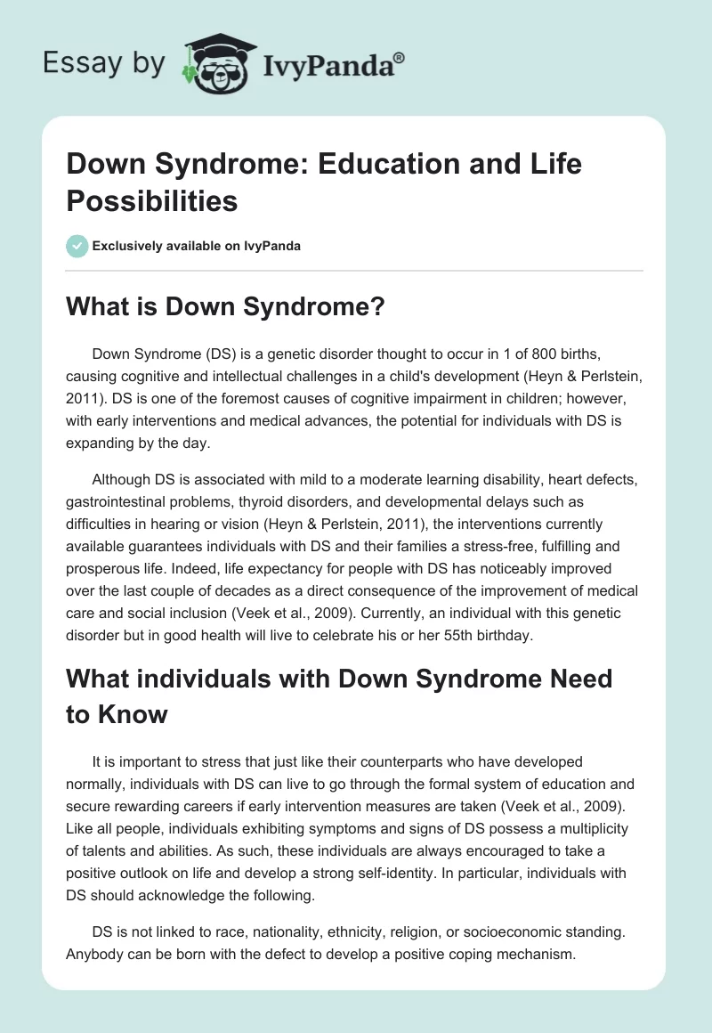 Down Syndrome: Coping and Supporting Individuals with DS. Page 1