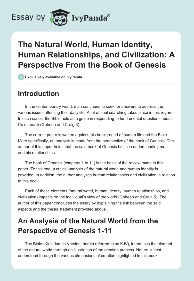The Natural World, Human Identity, Human Relationships, and Civilization: A Perspective From the Book of Genesis. Page 1
