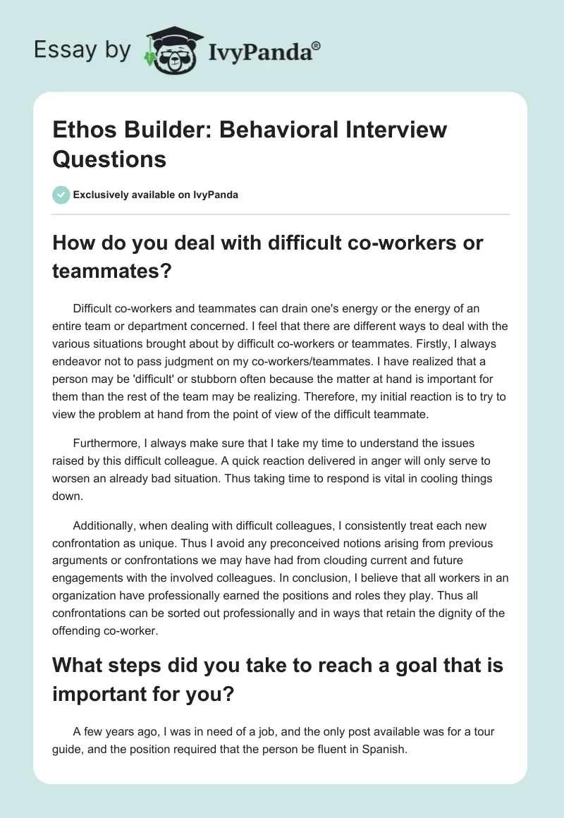 Ethos Builder: Behavioral Interview Questions. Page 1