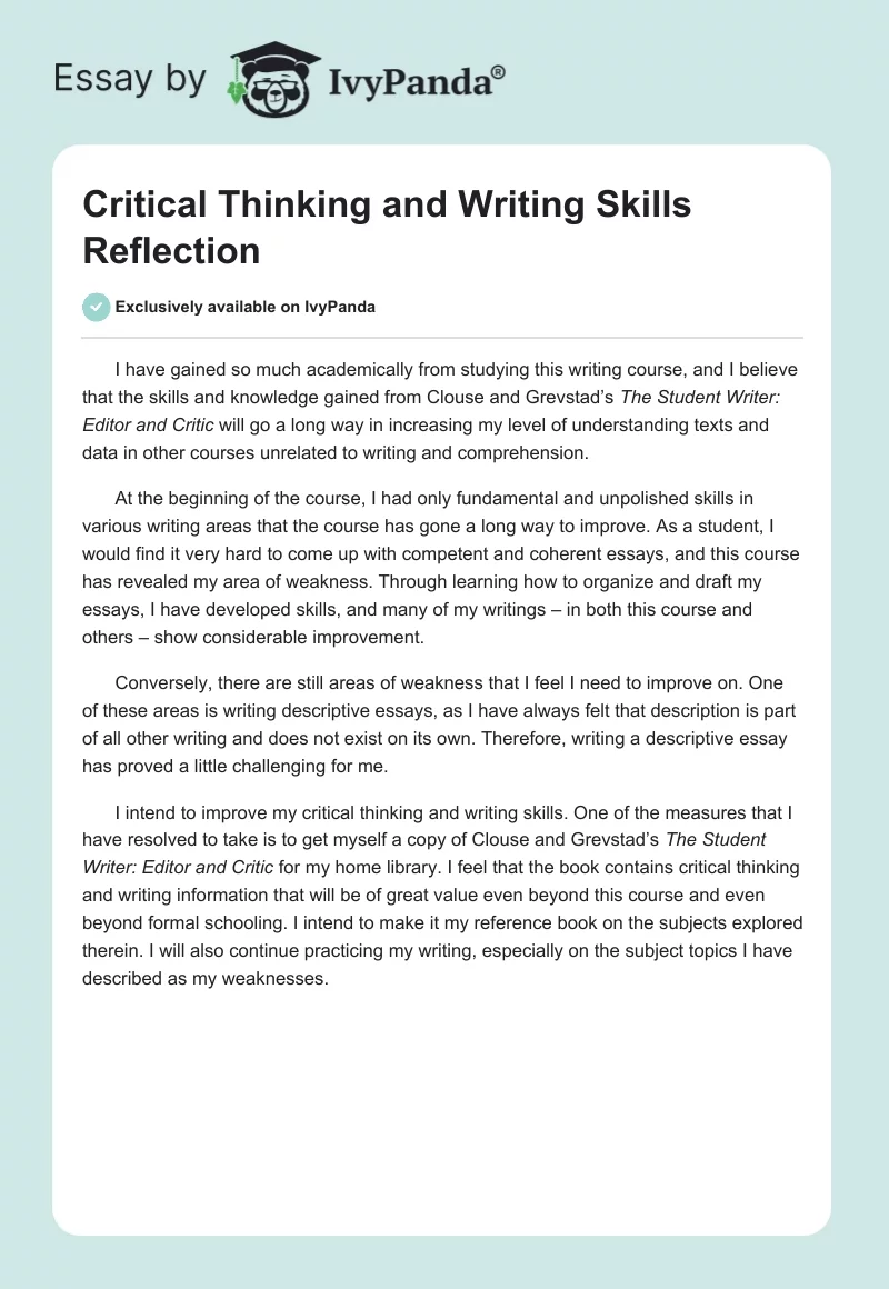 Critical Thinking and Writing Skills Reflection. Page 1