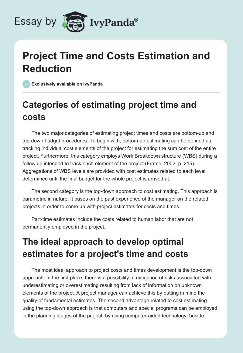Project Time and Costs Estimation and Reduction. Page 1