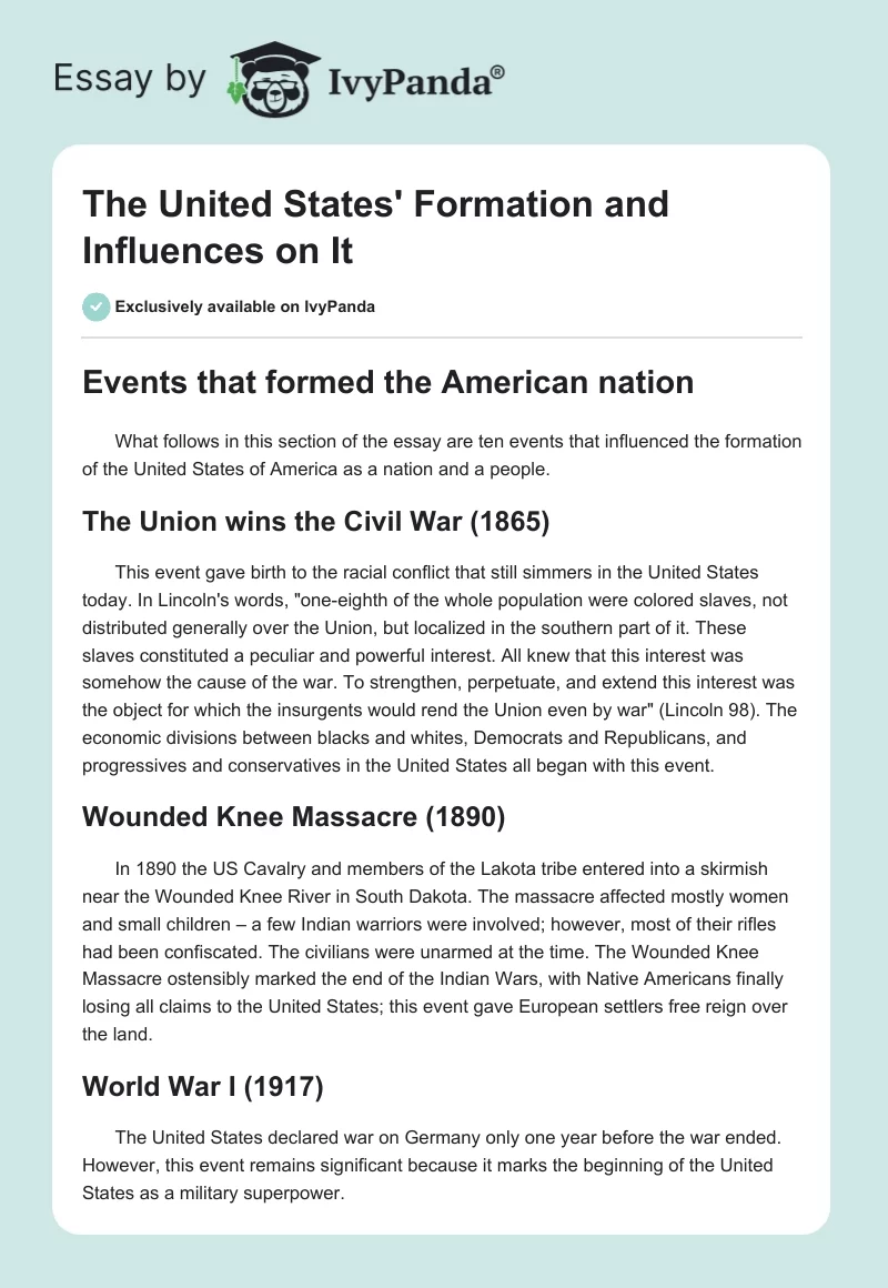 The United States' Formation and Influences on It. Page 1