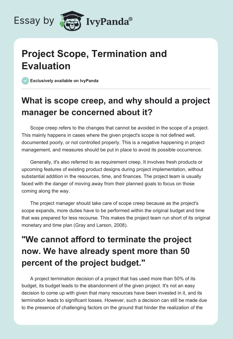 Project Scope, Termination and Evaluation. Page 1