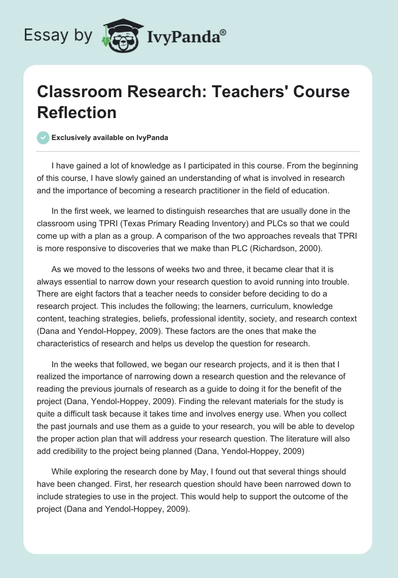 Classroom Research: Teachers' Course Reflection. Page 1