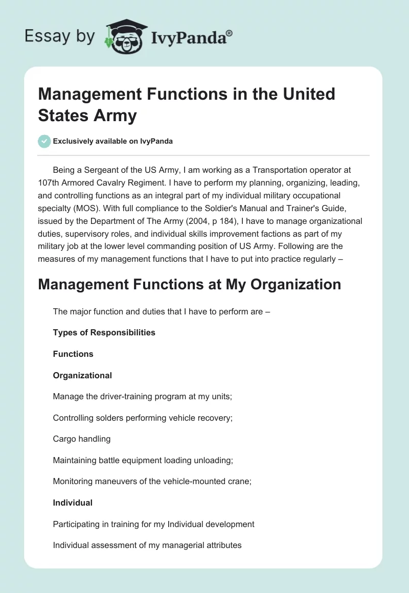 Management Functions in the United States Army. Page 1