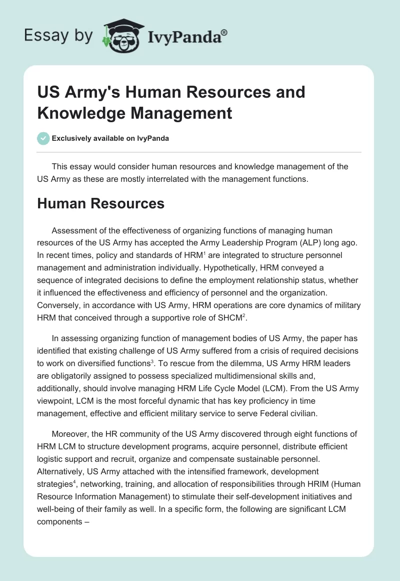 US Army's Human Resources and Knowledge Management. Page 1
