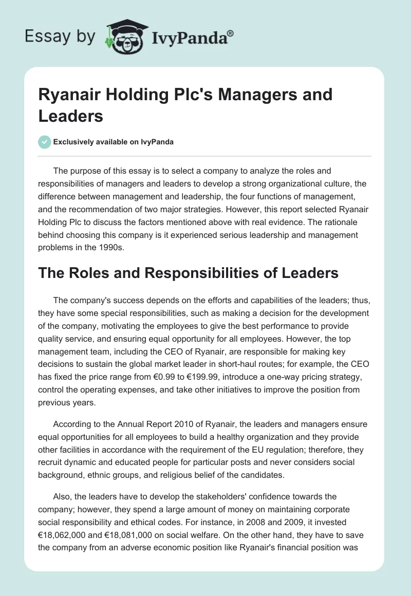 Ryanair Holding Plc's Managers and Leaders. Page 1