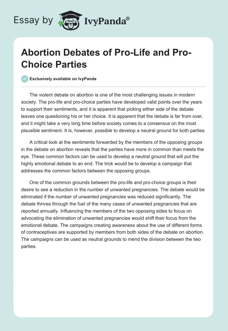 Abortion Debates of Pro-Life and Pro-Choice Parties. Page 1