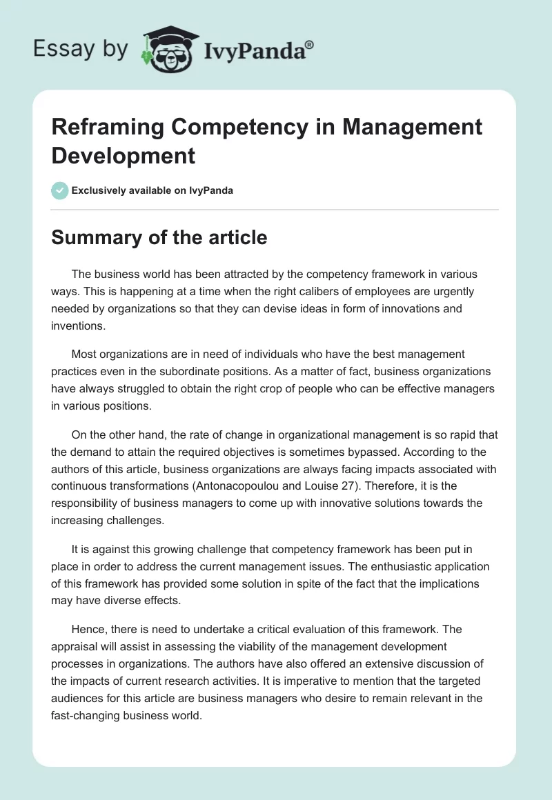 Reframing Competency in Management Development. Page 1