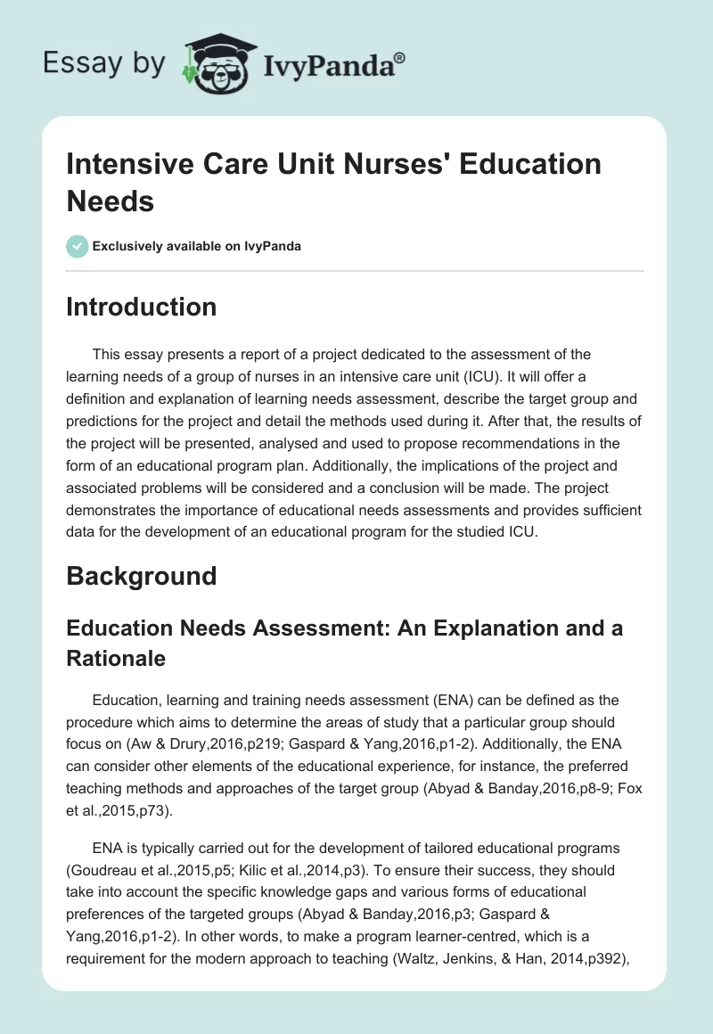 Intensive Care Unit Nurses' Education Needs. Page 1